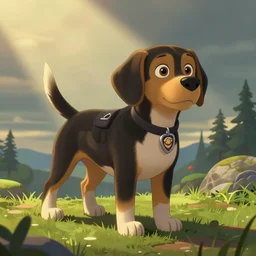 illustration of a black and brown beagle, in the style of a paw patrol