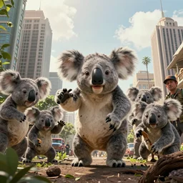 movie frame still from live action horde of koala monsters attacking the city 8 k ultra wide angle zenith view ilm troma blumhouse
