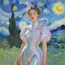portrait of a beautiful girl in a dream landscape, futuristic clothes, pastel colors, beautiful face, rule of thirds, spotlight, drips of paint, expressive, passionate, by mandy jurgens, by vincent van gogh, digital painting