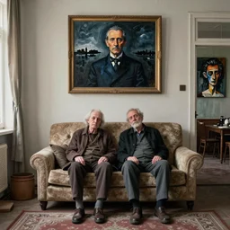an old dead couple sitting on a couch in an old soviet apartment,  Francisco Goya painting, part by Beksiński and Gerhard Richter. art by Takato Yamamoto, Francis Bacon masterpiece