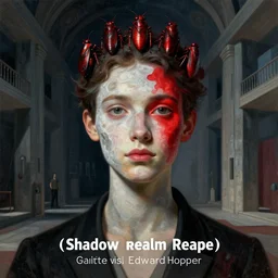 shadow - realm entity, the young moon paints itself red, cicadas grow quiet, the cold breeze solemnly swept off the deadliest deeds, loudly unnoticed, avant garde post - morden monumental dynamic interior portrait by magritte and edward hopper, illusion surreal art, highly conceptual figurative art, intricate detailed illustration, controversial poster art