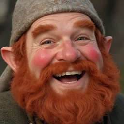 closeup portrait of a dwarven bard, happy, laughing, rosy cheeks, red beard, freckles, art by james gurney