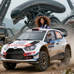 wrc rally - portrait of curly girl in power loader, alien movie screenshot, alien structure background, realistic, 4 k