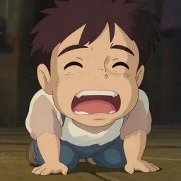 a 50 year old brunnete happy chinese man with puffy cheeks bursting in tears on the floor, close up shot, anime art, Greg Rutkowski, studio ghibli, dramatic lighting