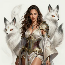 hyper - realistic, gorgeous!!! woman resembling gal gadot as a kitsune sorceress | intricate, highly detailed, ultra graphics, digital painting, character design, concept art, artstation | drawn by wlop, drawn by jeehyung lee, drawn by artgerm