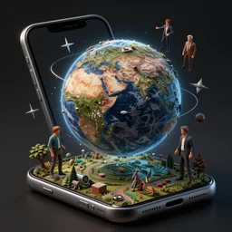 a phone with a planet popping out of the screen in 4 d, 4 d, detailed and intricate 4 5 degree isometric cross john berkey and vincent di fate and ralph mcquarrie