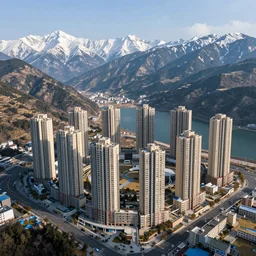 massive urban housing project, high rise apartment complex on a high mountain valley with lakes and snowy mountains