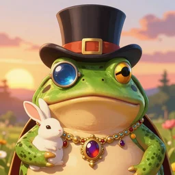 Portrait of a humanoid toad with a top-hat and a monocle holding a magical rabbit, luxurious neckless, sunset, warm spring, detailed face, centered close-up, fantasy, anime, vibrant, colorful, depth of field, intricate details, trending on ArtStation, Deviantart, by WLOP