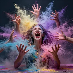 humans , feedback loop , burst of powders ,volumetric lighting, twisting vapour, bellowing dust , emerging hands and beautiful woman’s screaming face , full colour , upscale , 4k