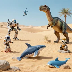 🐋 👽🦖🐉 🤖 🐳 in desert, photography by bussiere rutkowski andreas roch ( by kim jung gi ) ( by george morikawa ) [ micro detailed ]