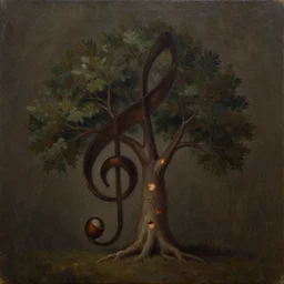 an oil painting of an acorn that turns into a tree in the shape of a treble clef with a few scars on the tree, dark and brooding