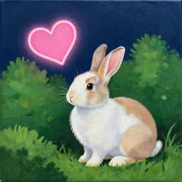a painting of a rabbit in the shrubs at night with a pink neon heart above it, a digital painting by Melissa Benson, behance contest winner, art on instagram, digital painting, retrowave
