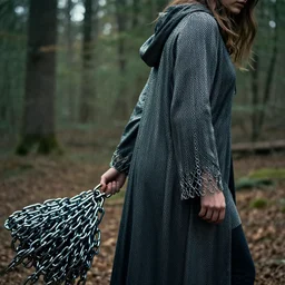 a closeup of a woman wearing a cloak of chains, dragging a pile of chains, in a forest, by Erik Almas, CANON Eos C300, ƒ1.8, 35mm, 8K, medium-format print