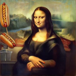 smug Mona Lisa working at \'Hot Dog on a Stick\' in the mall food court, oil painting by Eugene de Blaas