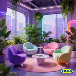 IKEA catalogue photo, modern office space, retro future style furniture, cyberpunk style neon lighting, lush plant life, cityscape in the window, Purple, Teal, Mint, Pink, Orange