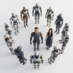 large group of ai cyborgs floating in circular formation, luis ricardo falero, louise zhang,
