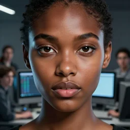 stunning goddess of computers portrait, clear eyes and dark skin. realistic, symmetrical face. art by bowater charlie, mark brooks, julie bell, arian mark, tony sandoval