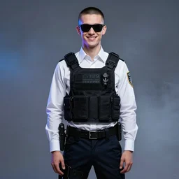 detailed character full body portrait of a skinny buzz undercut androgynous youthful federal government agent smirking sunglasses white button down shirt tactical bulletproof kevlar on smoky neon background artgerm greg rutkowski mucha