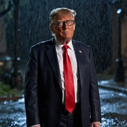 donald trump as nerdry in jurassic park, high quality, movie still, realistic, night, lens fare, rain, outdoors, sharp focus, gritty, atmospheric,