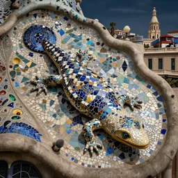 “Güell’s mosiac salamander destroying the city of Barcelona, digital art, dark style, detailed, artstation, 4k, HD”