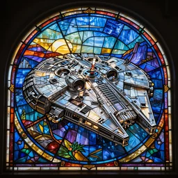 stained glass and titanium millennium falcon, soft, sharp focus, detailed, sci-fi, hyperrealism, Subsurface scattering. Octane Render, artwork by Tooth Wu and wlop and greg rutkowski
