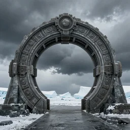 a circular stone stargate in antartica, intricate, octane render, photorealistic, matte painting, high definition, stormy clouds, scifi