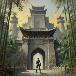 lone superhero in a highly detailed cinematic castle entrance in an ancient chinese bamboo forest landscape by feng zhu, wayne barlowe, perfect geometry, hyper - detailed, sharp, beautiful, desaturated, beautiful lighting, oil on canvas, sunset