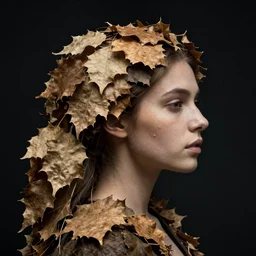 a woman's face in profile, wearing an intricate cascade of dry leaves, in the style of the dutch masters and gregory crewdson, dark and moody