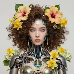 a beautiful fine art rpg portrait photo of a robot female cyborg, integrating with technology, spread out curly hair covered by hibiscus, parisian ornaments, full face frontal centered, portrait, insipiring, detailed intricate ornate cables connected to head, big open electric eyes, luxurious detailed abundent wiring and implants, daffodils, hydrangea, montsera leaves by tom bagshaw, golden ratio composition, soft studio