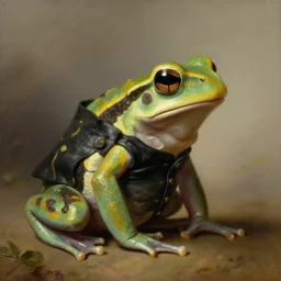 a side profile portrait painting of an anthropomorphic amazon milk frog wearing a black buttoned waistcoat, an american romanticism painting by john trumbull, cgsociety, soft focus