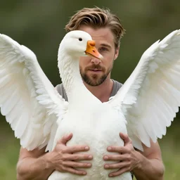 ryan gosling fused with a white goose, wings, hands, natural light, bloom, detailed face, magazine, press, photo, steve mccurry, david lazar, canon, nikon, focus