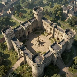 inner ward of a medieval castle, viewed from bird's-eye, concept art, key visual, realistic, architecture, digital art