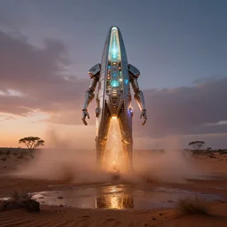 glowing giger stargate, middle of austalian desert, sand storm, energy, cinematic, dawn, wet, realistic