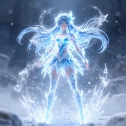 photorealistic full shot of masterpiece anime girl, electric aura with particles, snowing frozen ice, inspired by masami kurumada, akira toriyama, detailed, bokeh, unreal engine 4 k, volumetric light, fog
