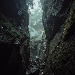 A photograph of the ravine in which ancient voices dwell. magical. ancient. mist. ghostly. magic particles. cinematic. Voices. Echoes. 18mm lens