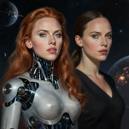 portrait of cyborg robotic scarlet johansson and natalie portman in futuristic dark planet, in the style of odd nerdrum
