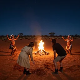 photograph of three ravers, two men, one woman, woman is in a trenchcoat, blessing the soil at night, seen from behind, talking around a fire, two aboriginal elders, dancefloor kismet, diverse costumes, clean composition, desert transition area, bonfire, starry night, australian desert, xf iq 4, symmetry, sony a 7 r