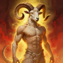 full figure beautiful young fit antrophomorphic male ram, great horns, luminous scene, by greg rutkowski and alphonse mucha, d & d character, gradient yellow to red, in hell, highly detailed portrait, digital painting, artstation, concept art, smooth, sharp focus illustration, artstation hq