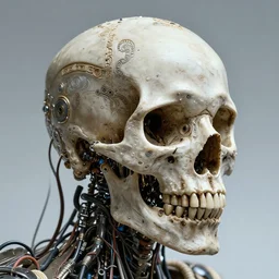 intricately crafted ornate cybernetic skull with messy wiring
