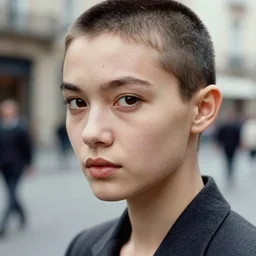 ektachrome, 5 0 mm, highly detailed : incredibly realistic, demure, perfect features, buzz cut, beautiful three point perspective extreme closeup 3 / 4 portrait photo in style of chiaroscuro style 1 9 7 0 s frontiers in flight suit cosplay paris seinen manga street photography vogue fashion edition