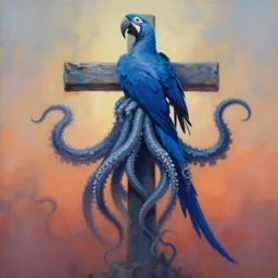 painting of cross between cthulhu & blue macaw, intercrossed animal with tentacles, by zdzislaw beksinski, by tiffany bozic, cold hue's, warm tone gradient background, concept art, beautiful composition, digital painting,