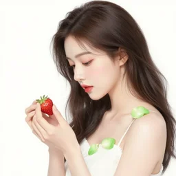 the portrait of an absurdly beautiful, graceful, elegant, chaste, young woman made of strawberries and green petals looking down, an ultrafine detailed illustration by kim jung gi, irakli nadar, intricate linework, bright colors, octopath traveler, final fantasy, angular, unreal engine 5 highly rendered, global illumination, radiant light, detailed and intricate environment