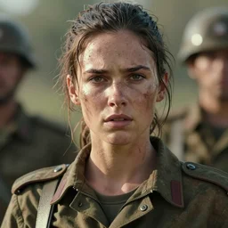 a film still of lara croft as russian army, her face muddy and sweat, direct sun light, close up potrait, cinematic,
