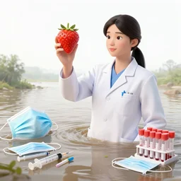 a tall female pathology student holding a large strawberry, a river flooding inside, medical supplies, medical mask, syringes, pathology sample test tubes, pigs, plants in glass vase, water, river, rapids, canoe, pomegranate, berries dripping, waterfall, swans, acrylic on canvas, surrealist, by magritte and monet