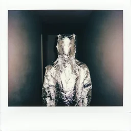 polaroid, man wrapped in aluminum foil, dimly lit hallway