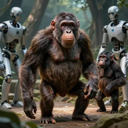human zoo, australopithecus, paranthropus, homo habilis, homo neanderthalensis, homo sapiens in an enclosure, watched by cyborgs, hd photograph