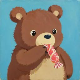 a jeremiah ketner and studio ghibli acrylic impasto!! painting of an adorable and cute bear eating candy