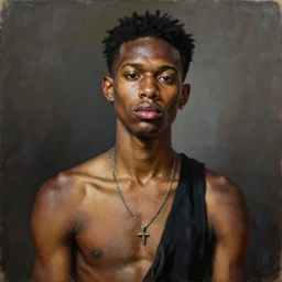 A portrait of a scrawny stylish and alluring non-binary person, oil painting by Kehinde Wiley, majestic, detailed, high resolution