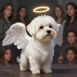a small white dog with angel wings and a halo, highly detailed, d & d, fantasy digital painting, trending on artstation, concept art, sharp focus, illustration, global illumination, ray tracing, realistic shaded, art by artgerm and greg rutkowski and fuji choko and viktoria gavrilenko and hoang lap