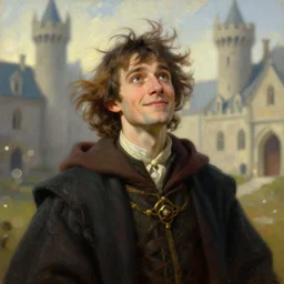 portrait of a wizard apprentice, male, wild - eyed, optimistic, outside a castle academy, windy day, volumetric light, bokeh, painting by greg rutkowski by alphonse mucha